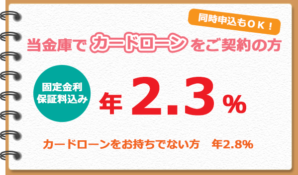 【当金庫でカードローンをご契約の方】固定金利保証料込み　年2.3％　【カードローンをお持ちでない方】年2.8％